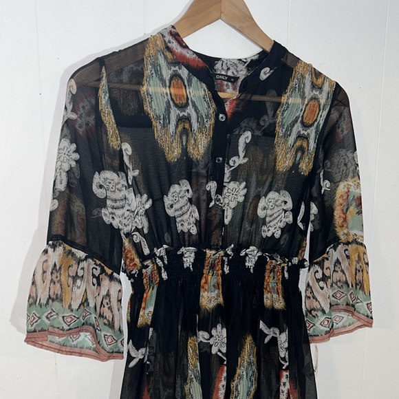 ONLY Sheer Boho Bohemian Hippie 3/4 Sleeve Gathered Skirt Multicolor Dress - Picture 3 of 10